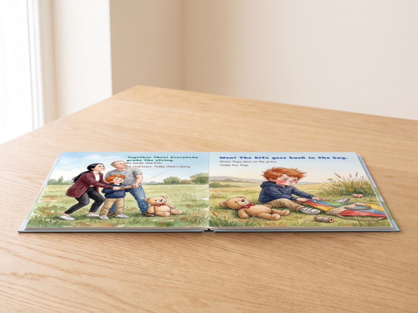 The layflat picture book open on a table: the double page lies completely flat