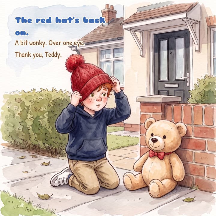 Page 10: Oliver kneels on the pavement putting his red bobble hat back on; Teddy sits against the brick wall in his red bow tie