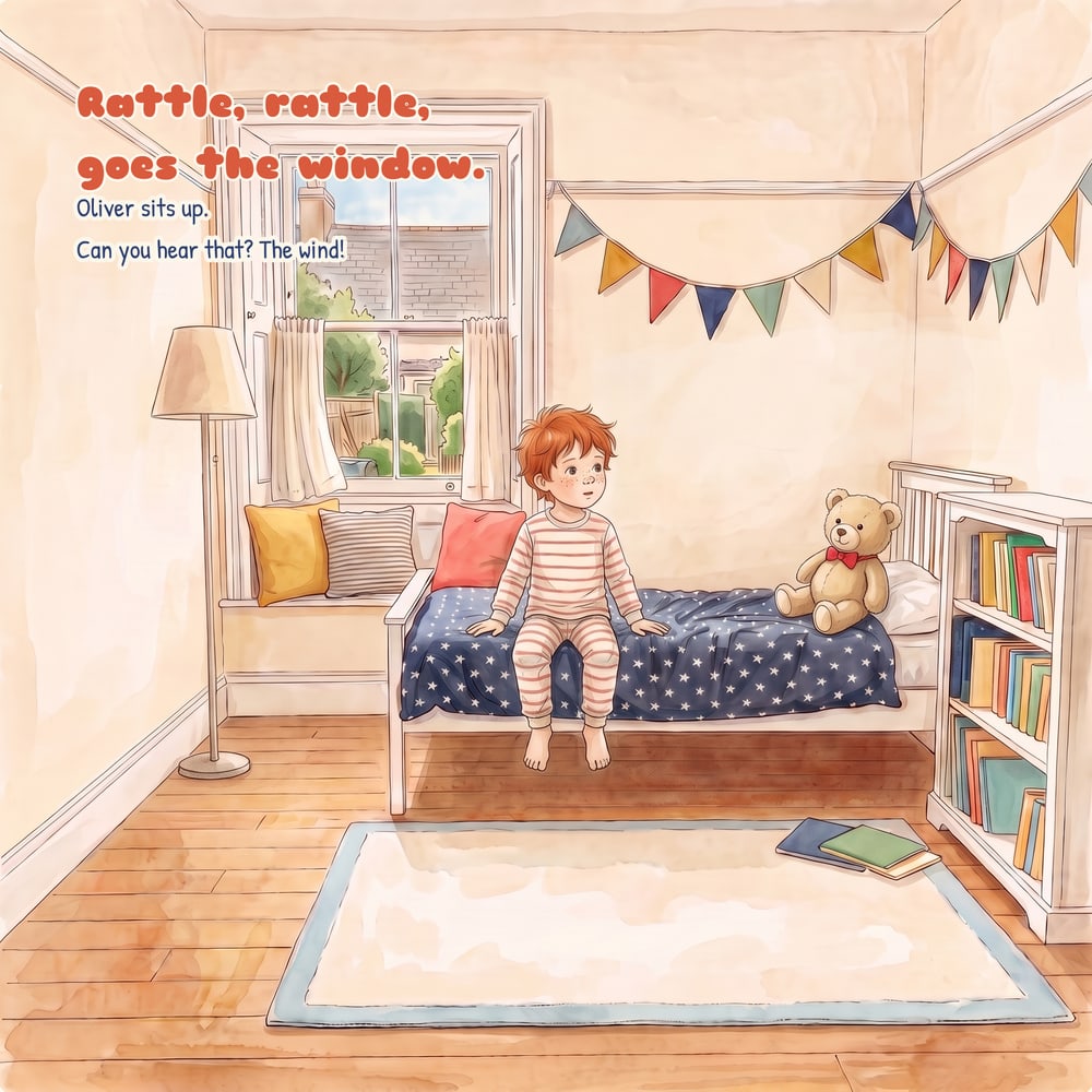 Page 1: Oliver sits up on his bed in his striped pyjamas, Teddy beside him, the sash window behind them. “Rattle, rattle, goes the window.”