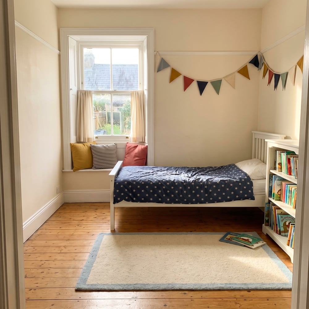 Photo of Oliver’s bedroom, still empty: a white wooden single bed with a navy duvet in a starry pattern, a window seat with cushions under a sash window, a bookshelf of picture books, bunting on the wall and a cream rug on pine floorboards