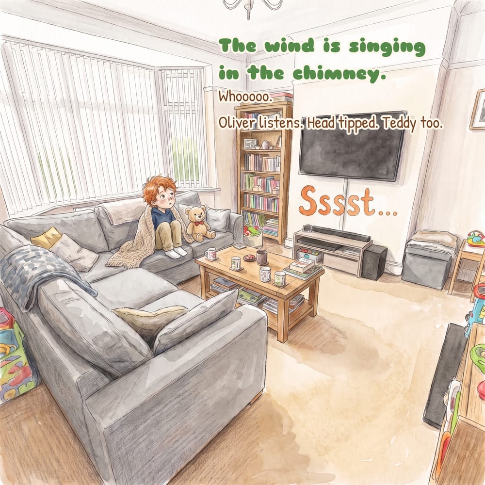 Page 17: Oliver on the grey corner sofa, head tipped, listening to the wind in the chimney