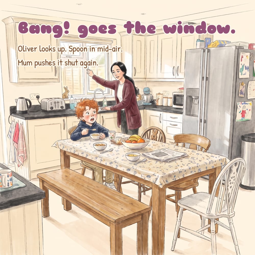 Page 3: Oliver at the kitchen table, spoon in mid-air, as mum pushes the window shut. “Bang! goes the window.”
