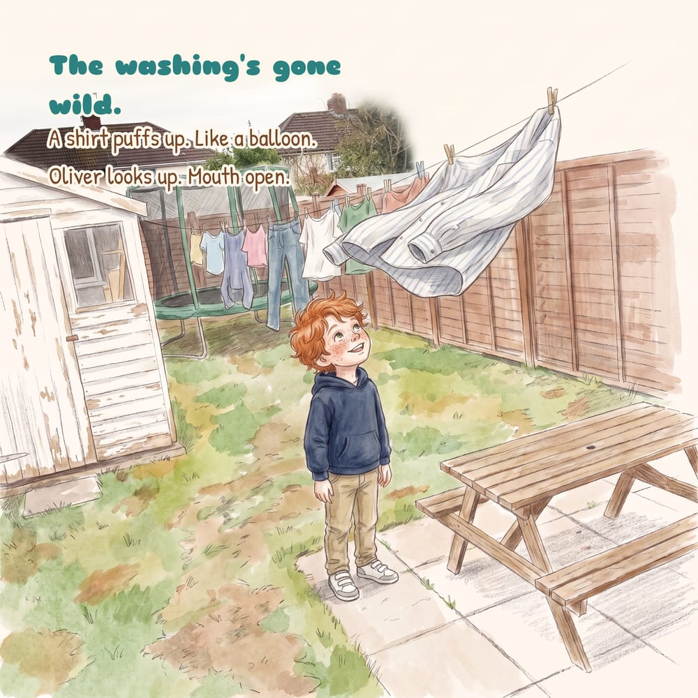 Page 4: Oliver in the garden as a shirt puffs up on the washing line. “The washing’s gone wild.”