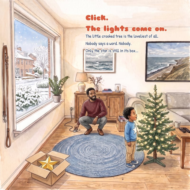 A page from the book: a boy and his dad watch the little crooked Christmas tree just as its lights come on.