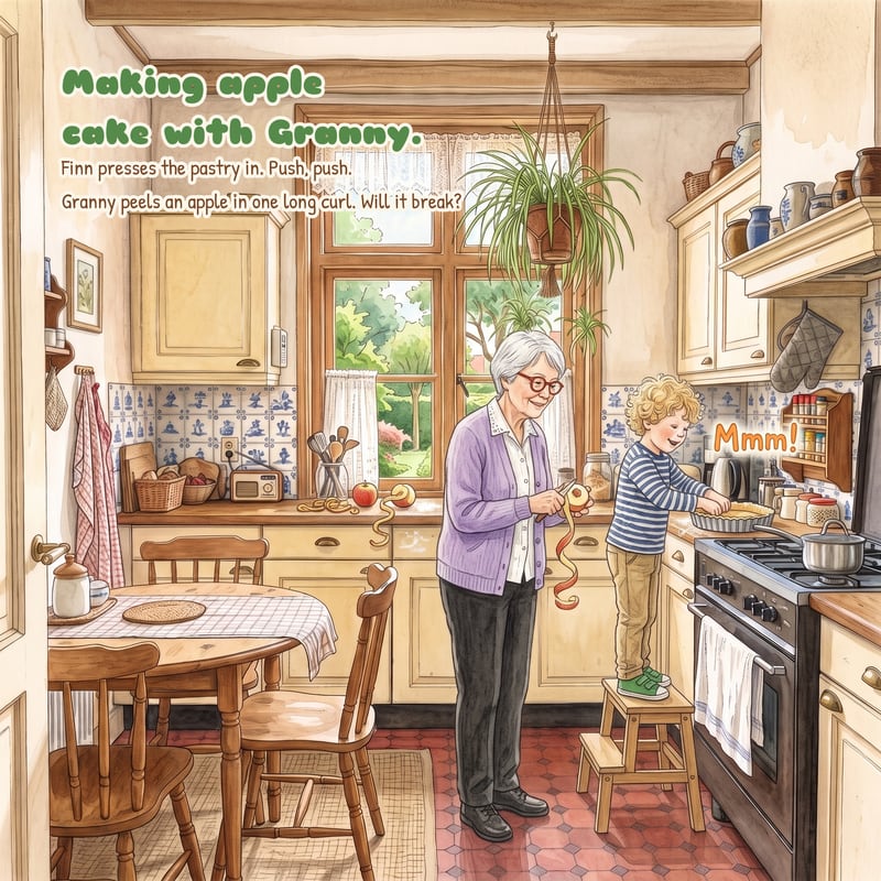 A page from the book: a boy makes apple cake with his granny in her kitchen.