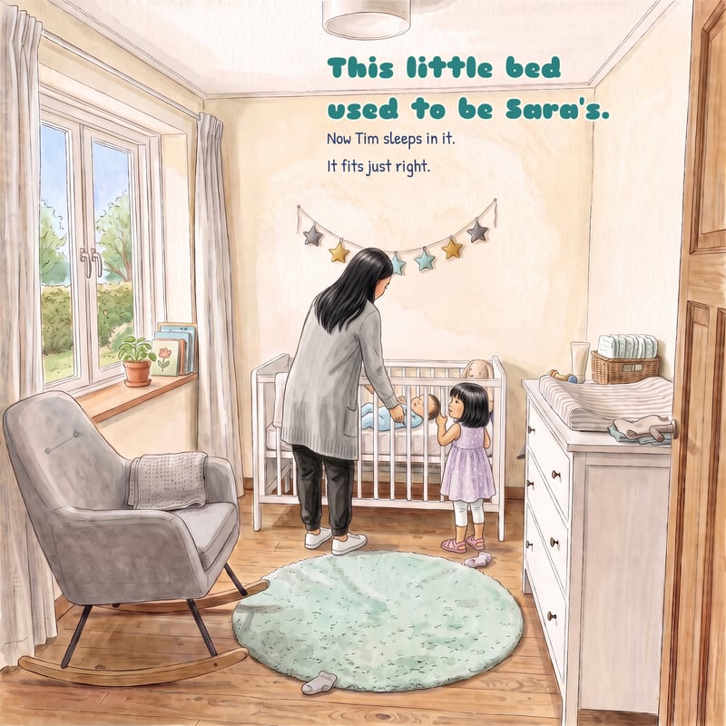 A page from the book: a mum lays the newborn baby in the cot while the big sister watches on tiptoe.